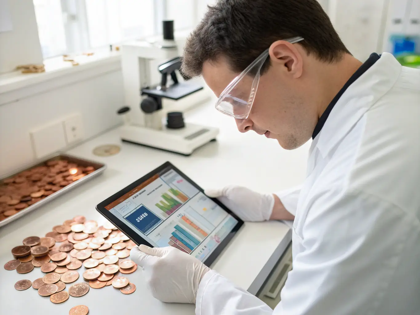 A researcher in a lab coat is analyzing copper samples, with a digital tablet displaying financial dashboards and data related to copper research funding.