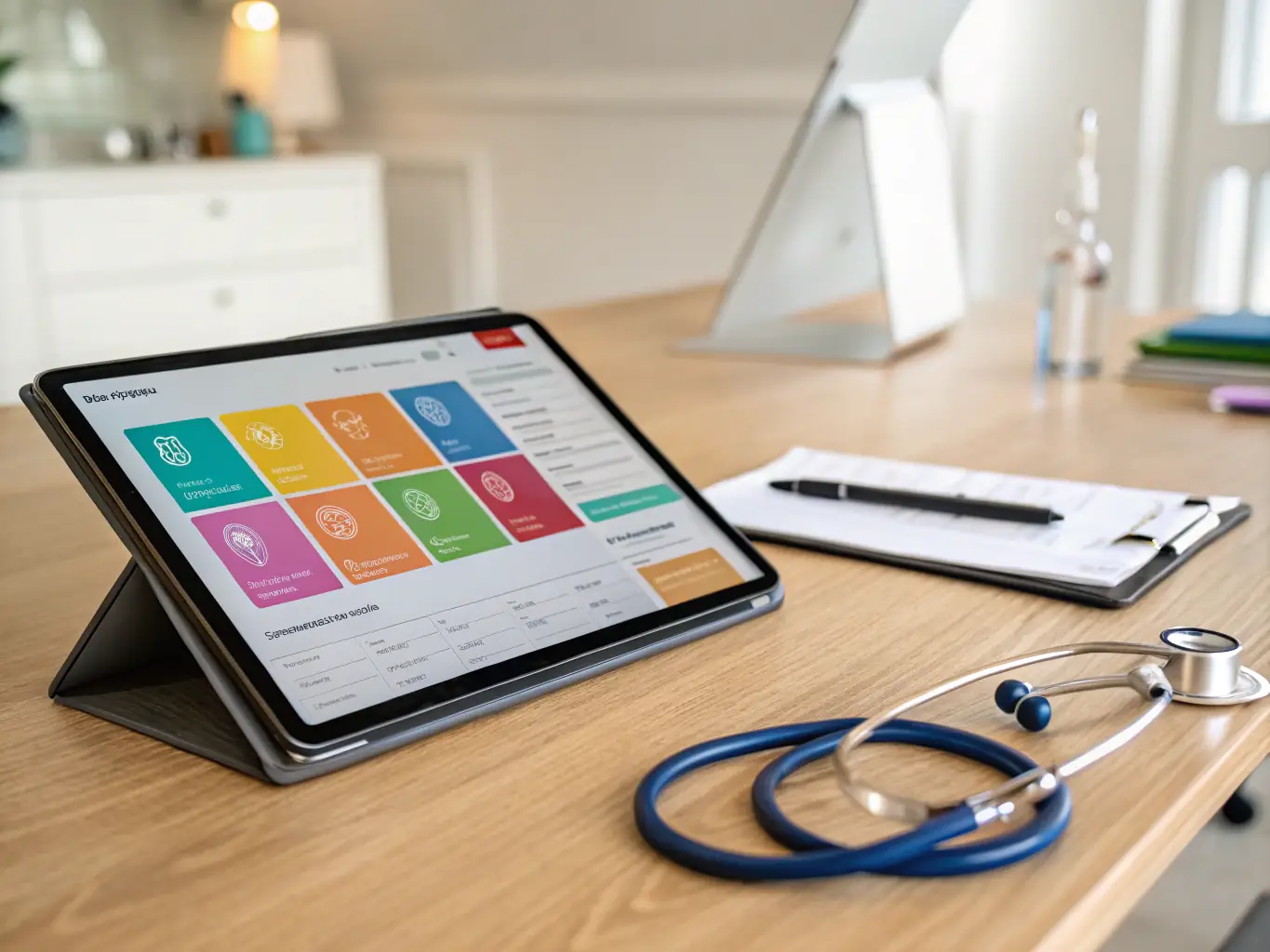 A doctor in a modern hospital setting using a Nitra-app banking application on a tablet to manage patient billing and insurance claims, showcasing the ease and efficiency of the platform.