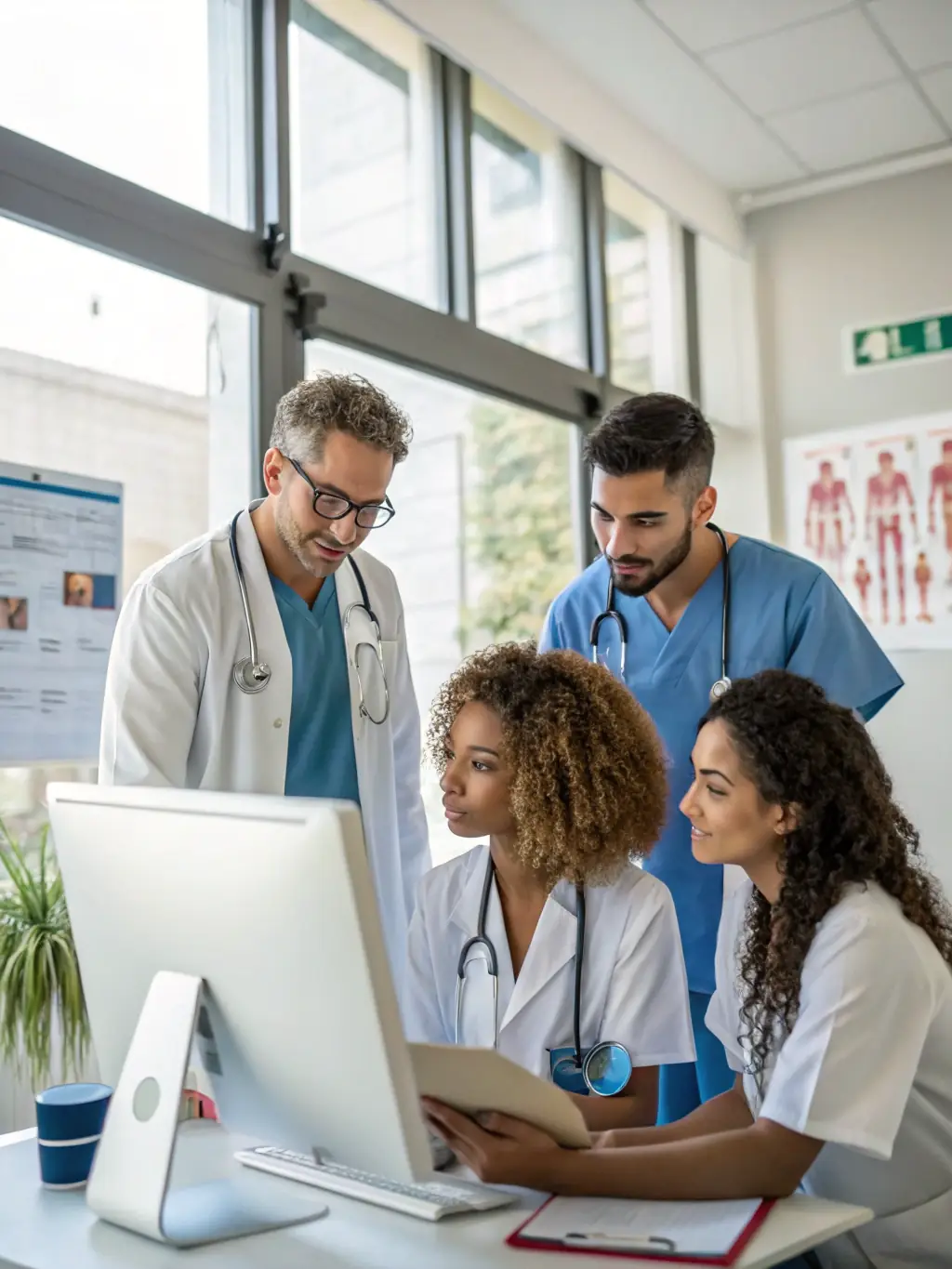 A diverse team of healthcare professionals collaborating on financial strategies using Nitra-app's platform, in a modern office environment.