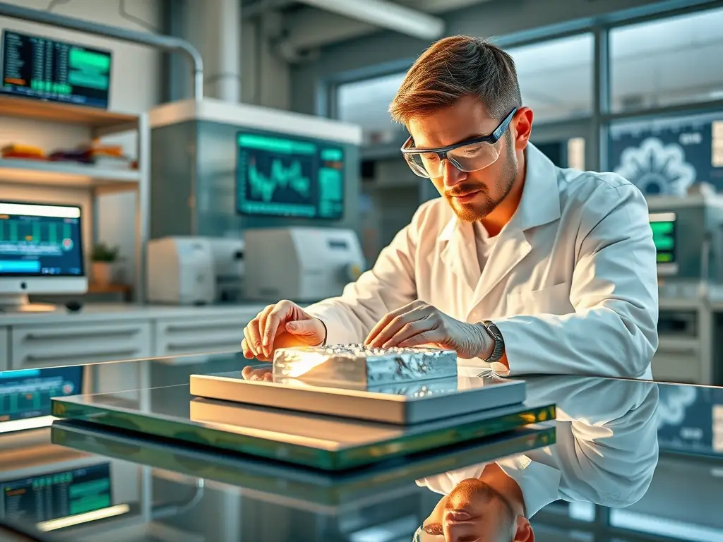 A researcher in a lab coat analyzing copper samples with financial data displayed on a nearby screen, symbolizing the integration of research and finance.
