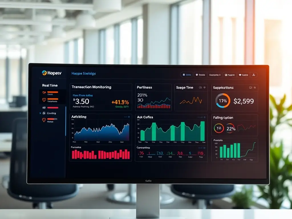 A digital interface showing real-time transaction monitoring and fraud detection systems, emphasizing the security features of the banking platform.