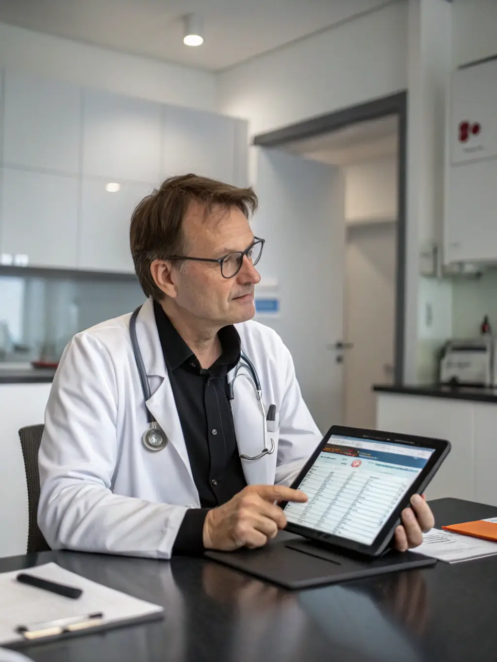A doctor in a lab coat using a tablet to review financial data, with charts and graphs visible on the screen, in a modern hospital setting.