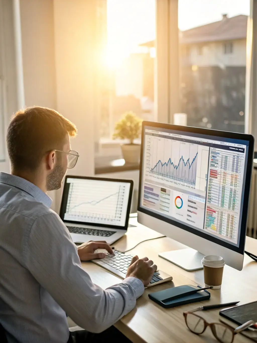A financial analyst reviewing a dashboard displaying real-time financial metrics for a hospital, with automated reporting tools visible.